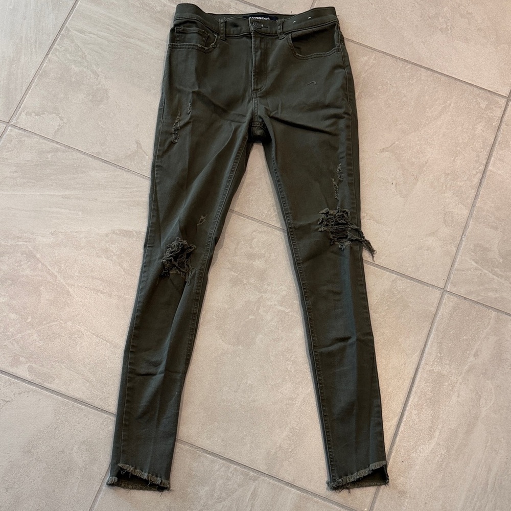 Express Olive Green Distressed Skinny Jeans